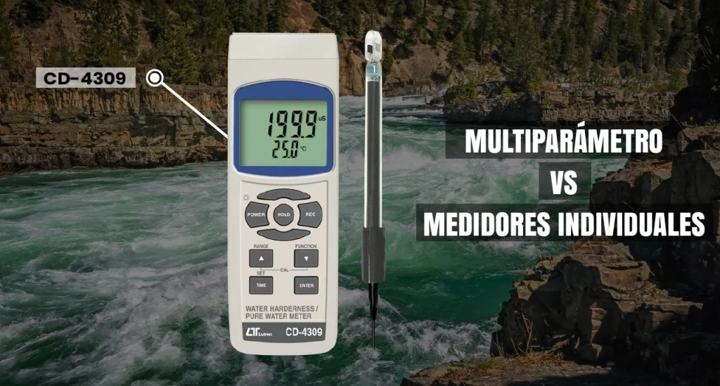 UN EQUIPO QUE MIDE EL AGUA QUE ES MULTIPARAMETROS CON UN FONDO DE IMAGEN DE UN RIO